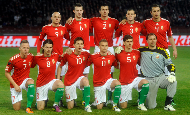 Pictured: ten guys who would clean up if they wore their kits out to the club, and Gábor Király. Photo via AP